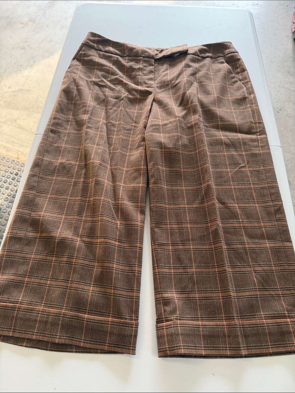 Woman’s Axcess Brown Plaid cropped Dress Pants, Size 14